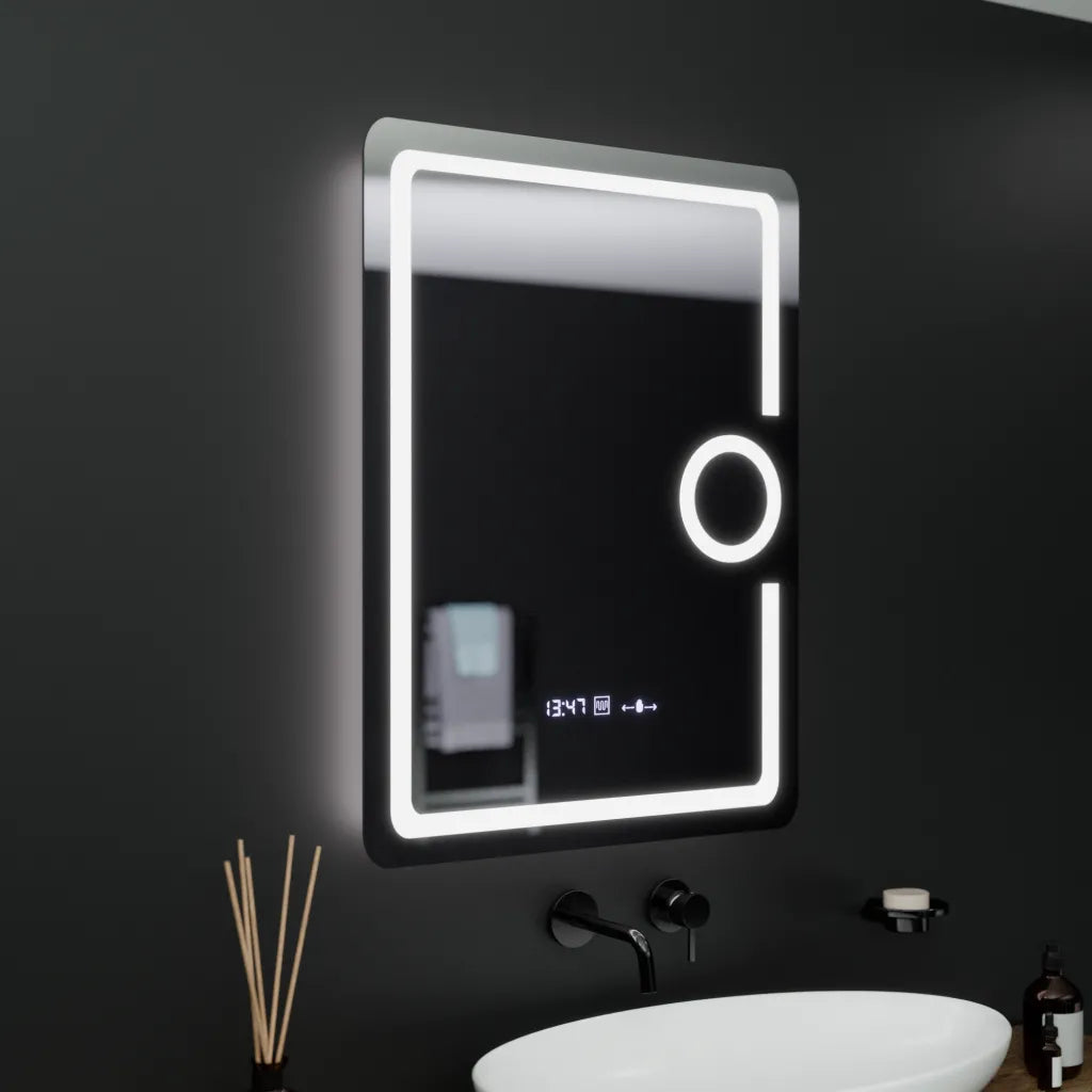 Oglinda LED Rectangulara, 60x80cm, Eclat MotionGlow Marcello, Ceas & Termometru, Sistem Dezaburire, Lupa Cosmetica, Dimabila, imaginea 3