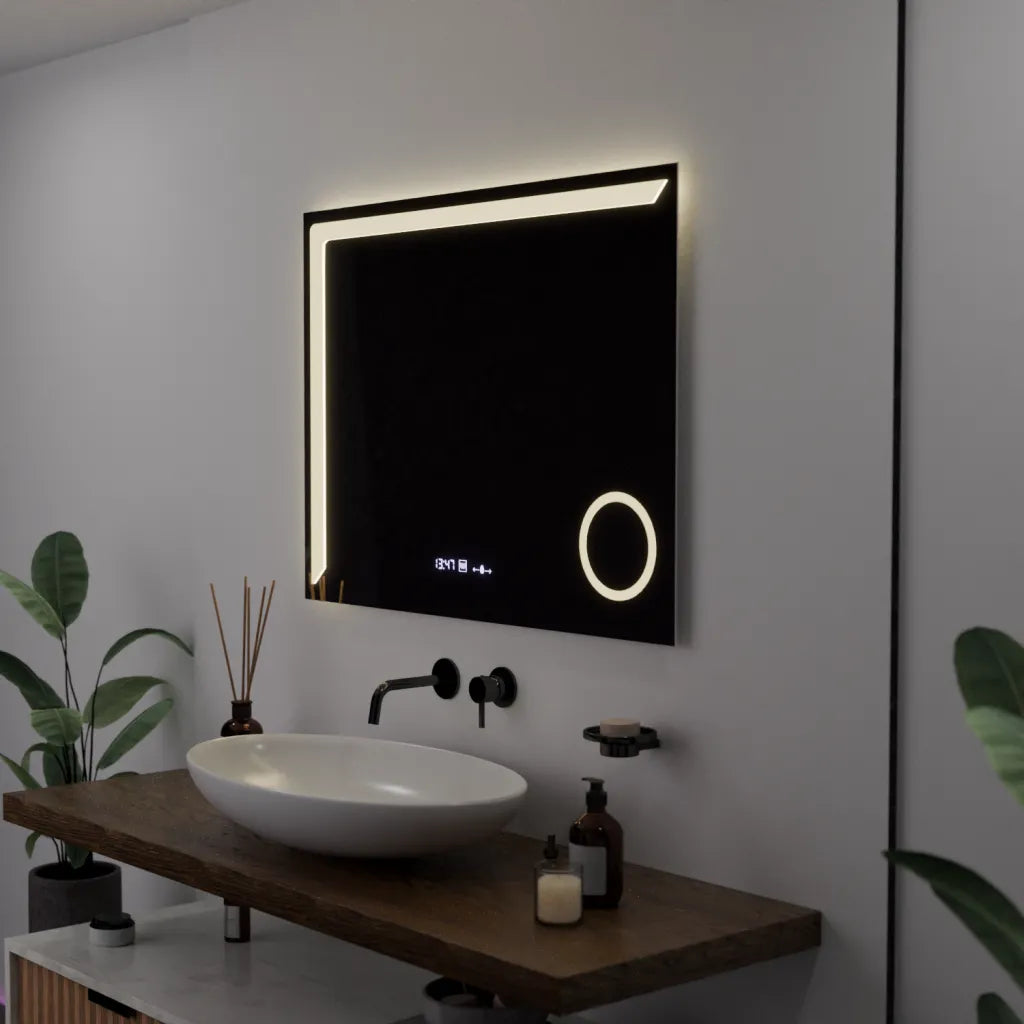 Oglinda LED Rectangulara, 80x60cm, Precision MotionGlow Marcello, Sistem Dezaburire, Ceas & Termometru, Lupa Cosmetica, Dimabila