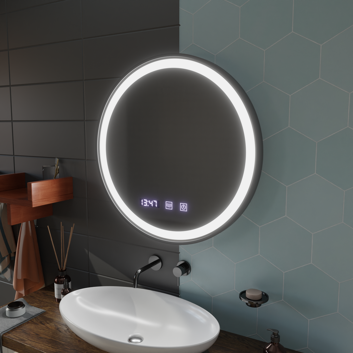Oglinda LED Touch NOVARA Sistem Dezaburire, Ceas si Temperatura 70 cm Rama Negru Brushed