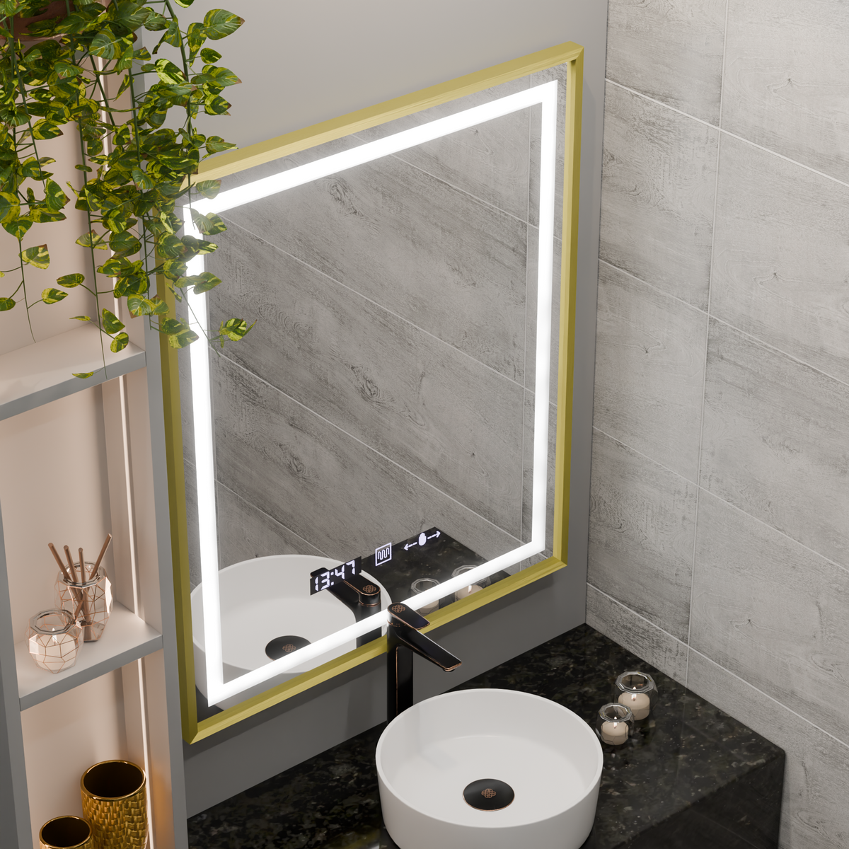 Oglinda LED Rectangulara, 75x90cm, Verite Royale Gold MotionGlow Marcello, Sistem Dezaburire, Ceas & Termometru, Dimabila