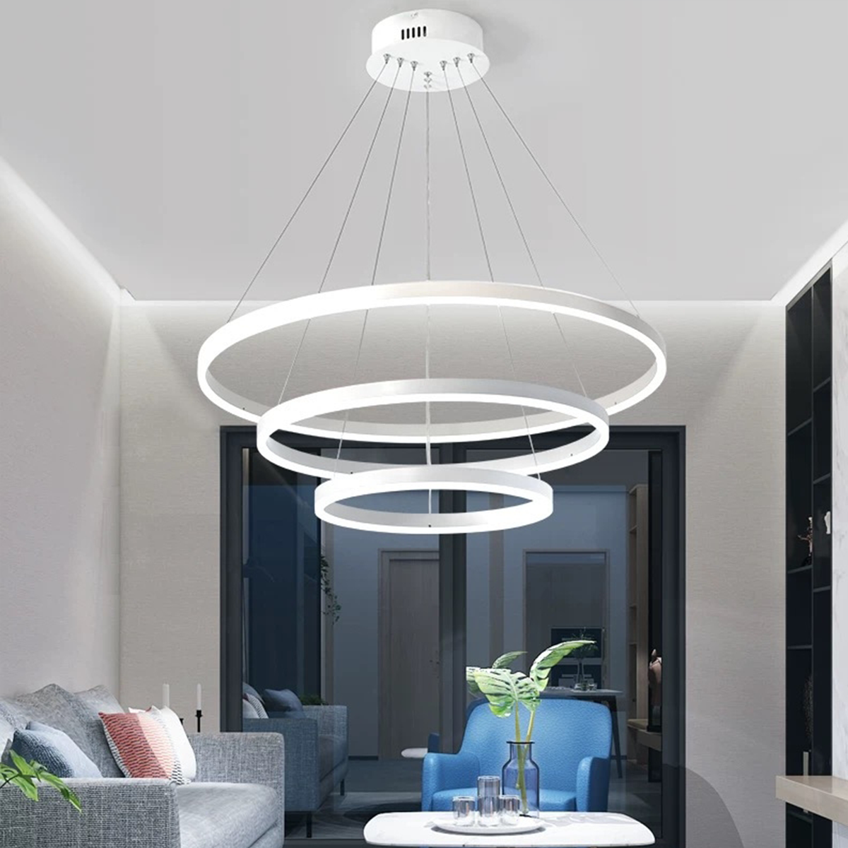 SERENA 85W LED Pendant Chandelier with Remote Control, 60cm, 3 Rings, Cool/Warm/Neutral Light, Dimmable, White, Adjustable Height, imaginea 1