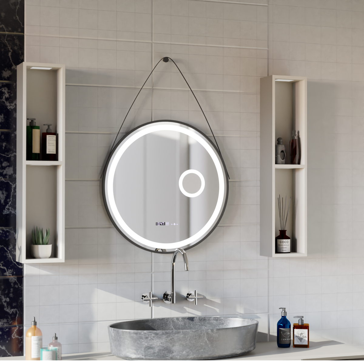 Oglinda LED Rotunda, 11W, 60cm, Micah Senzor MotionGlow Marcello, Sistem Dezaburire, Ceas & Termometru, Lupa Cosmetica, Dimabila, imaginea 5