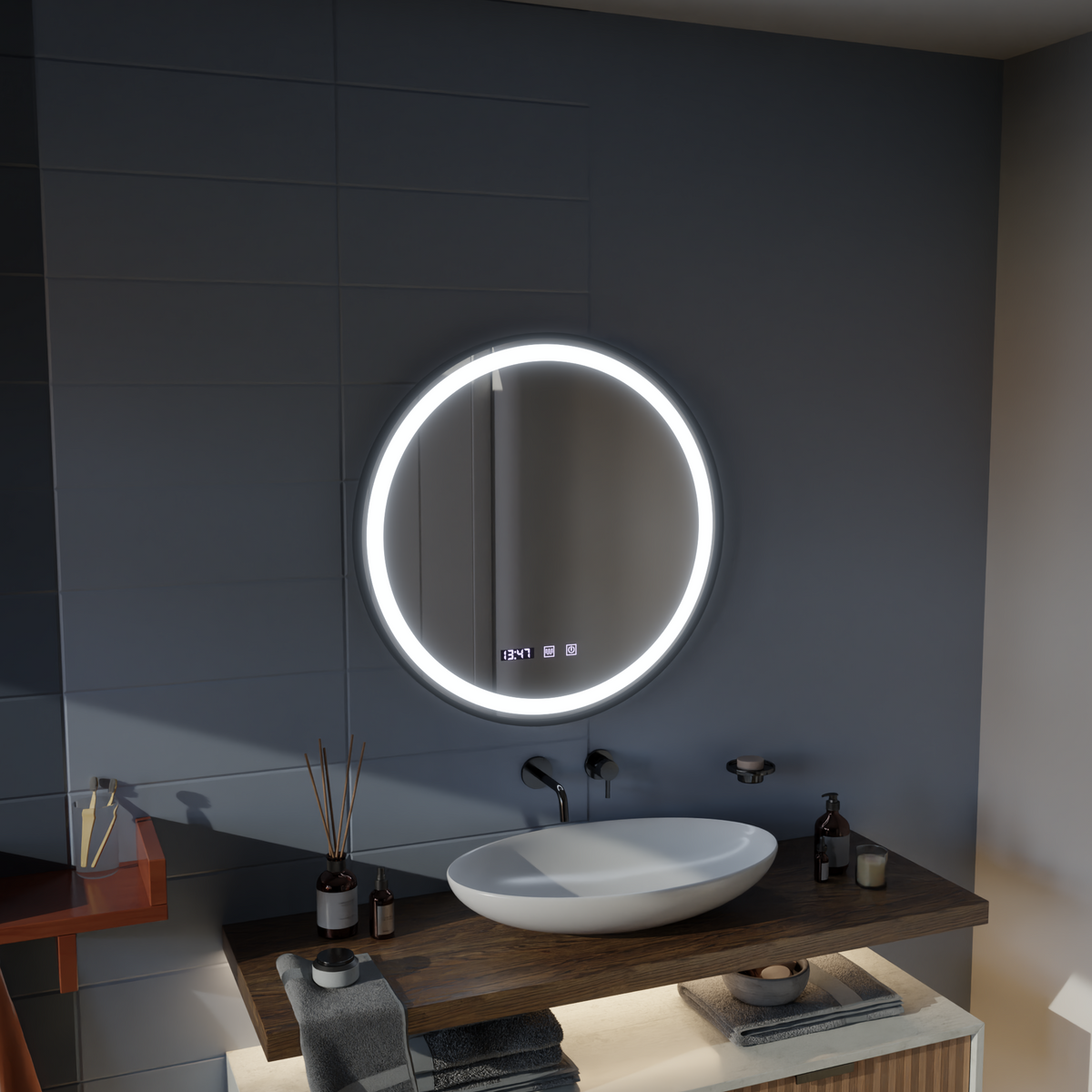 Oglinda LED Touch NOVARA Sistem Dezaburire, Ceas si Temperatura 50 cm Rama Negru Brushed, imaginea 3