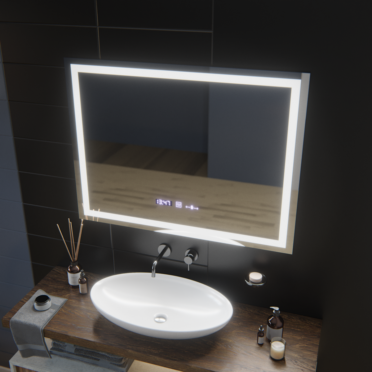 Oglinda LED Rectangulara, 100x75cm, Verite MotionGlow Marcello, Sistem Dezaburire, Ceas & Termometru, Dimabila