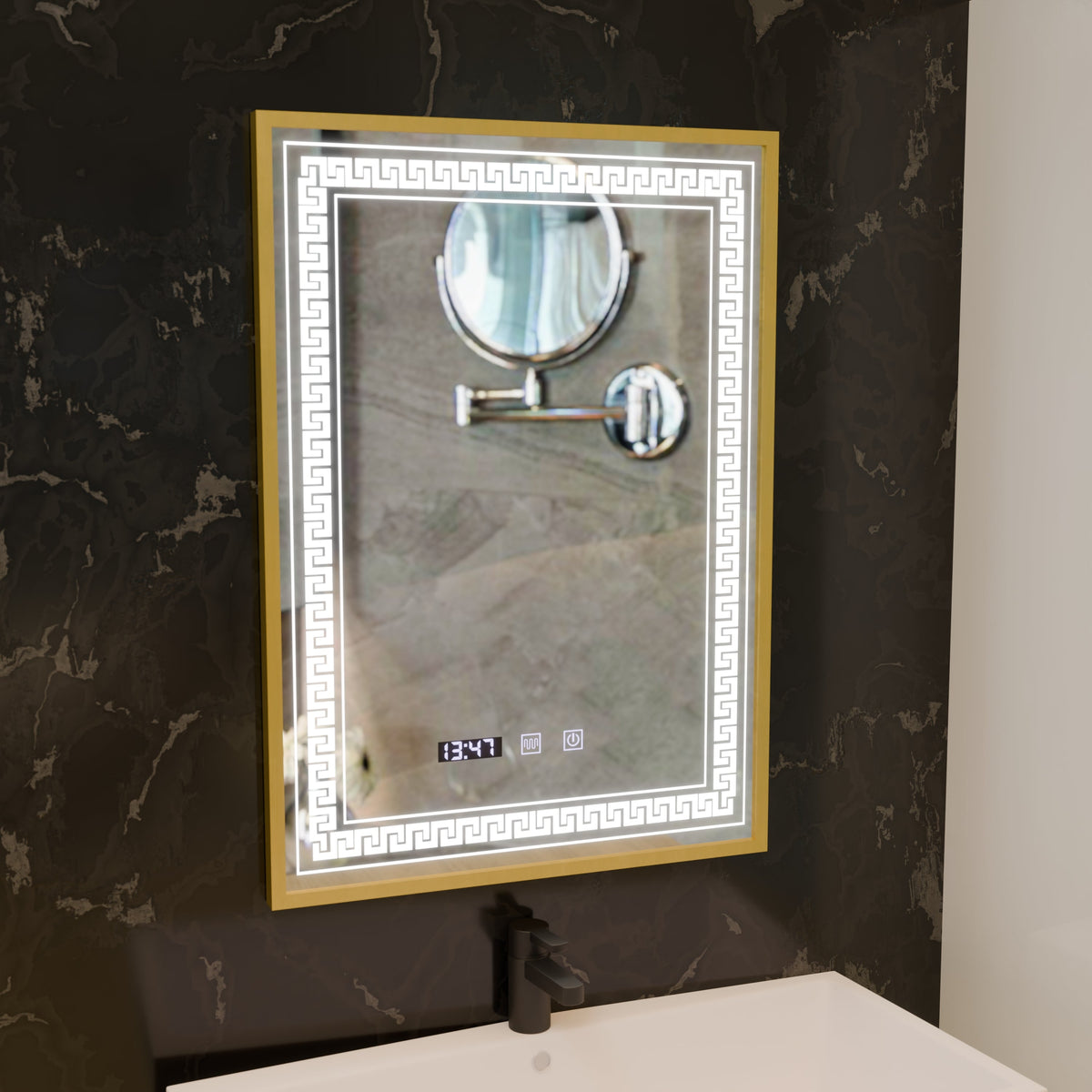 Oglinda LED Touch Bruno Sistem Dezaburire, Ceas si Temperatura 60x80 cm Rama Auriu Brushed, S84/60X80