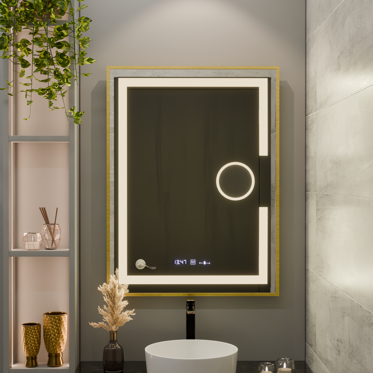 Oglinda LED Rectangulara, 60x80cm, Eclat MotionGlow Marcello, Sistem Dezaburire, Ceas & Termometru, Lupa Cosmetica, Dimabila, Rama Auriu Brushed