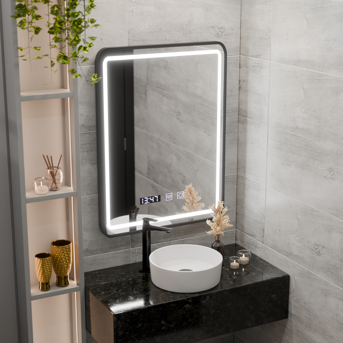 Oglinda LED Touch LUCIDA Sistem Dezaburire, Ceas si Temperatura 50x70 cm Rama Negru Brushed, imaginea 4