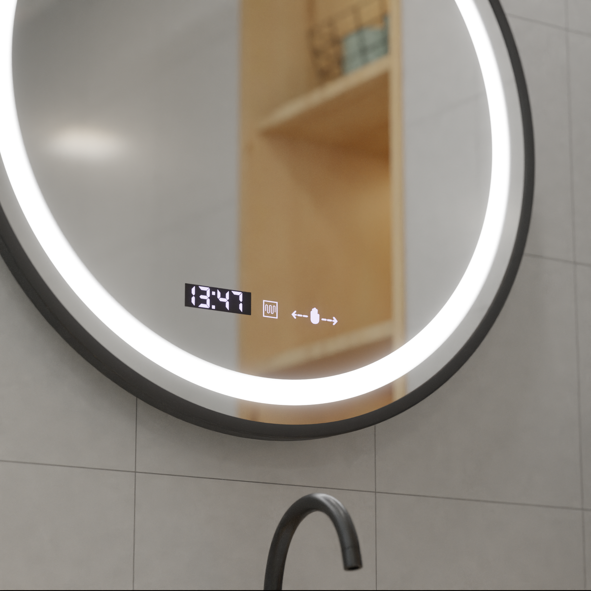 Oglinda LED Rotunda, 70cm, Celeste Majeste Noir MotionGlow Marcello, Sistem Dezaburire, Ceas & Termometru, Dimabila W11/70X70