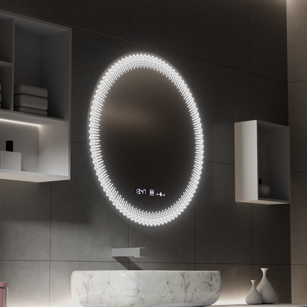 Oglinda LED Rotunda W47/60X60, 60cm, MotionGlow Marcello, Sistem Dezaburire, Ceas & Termometru, Dimabila