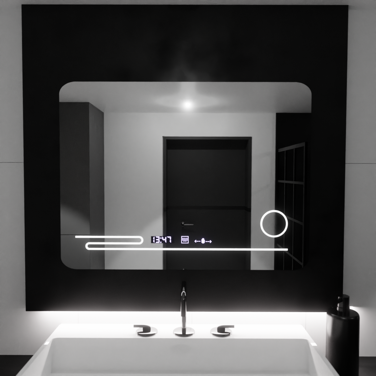 Oglinda LED Rectangulara, 80x60cm, Harmonie MotionGlow Marcello, Sistem Dezaburire, Termometru si Ceas, Lupa Cosmetica, Dimabila