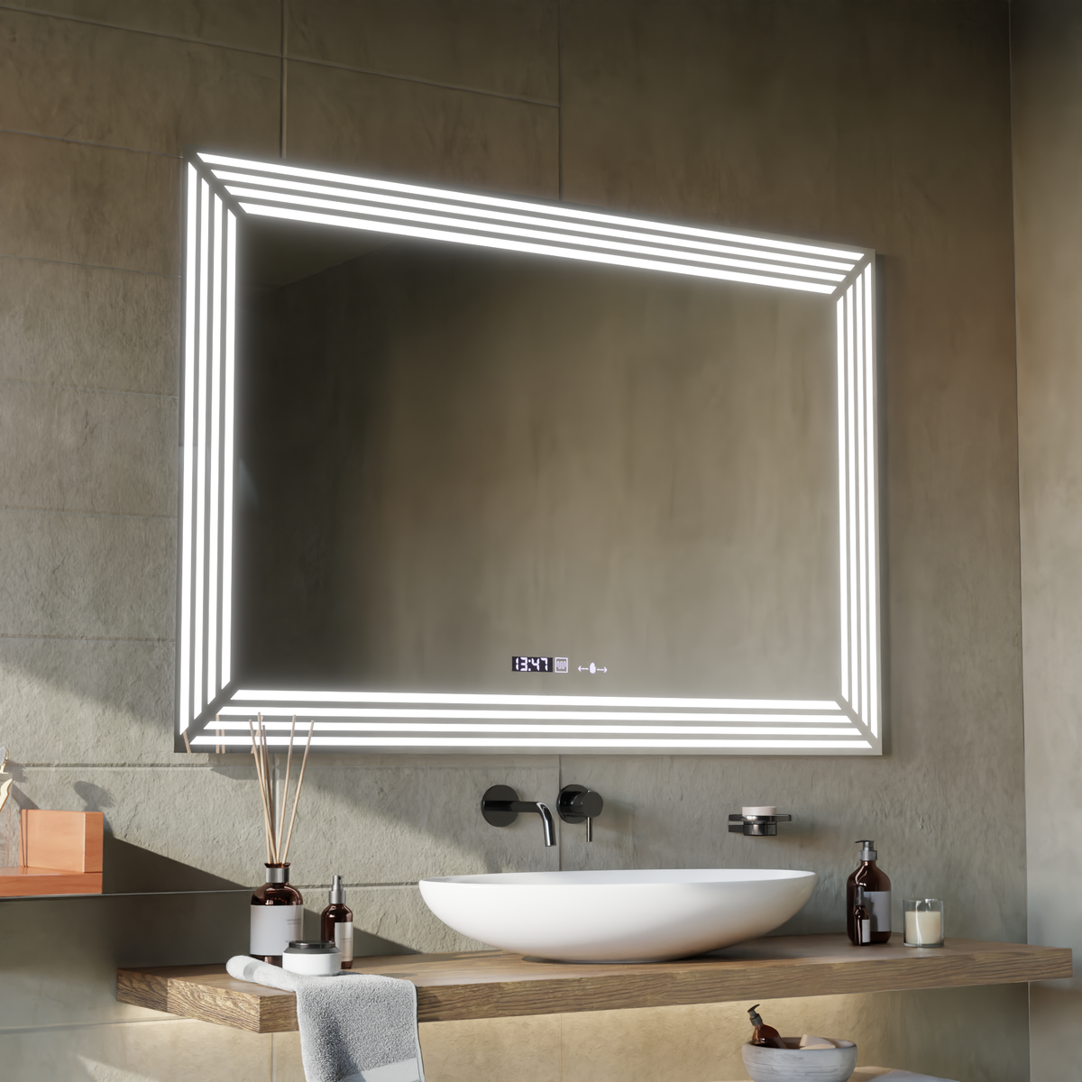Oglinda LED Rectangulara, 120x80cm, Venezia Senzor MotionGlow Marcello, Sistem Dezaburire, Ceas & Termometru, Dimabila