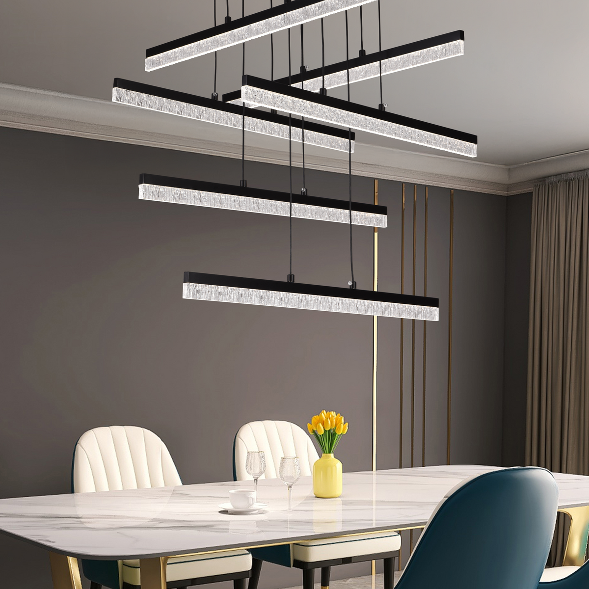 Lustra LED Suspendata cu Telecomanda, STRATA, 6 elemente, 82W, Lumina 3000/4000/6000K, Negru, Inaltime Reglabila