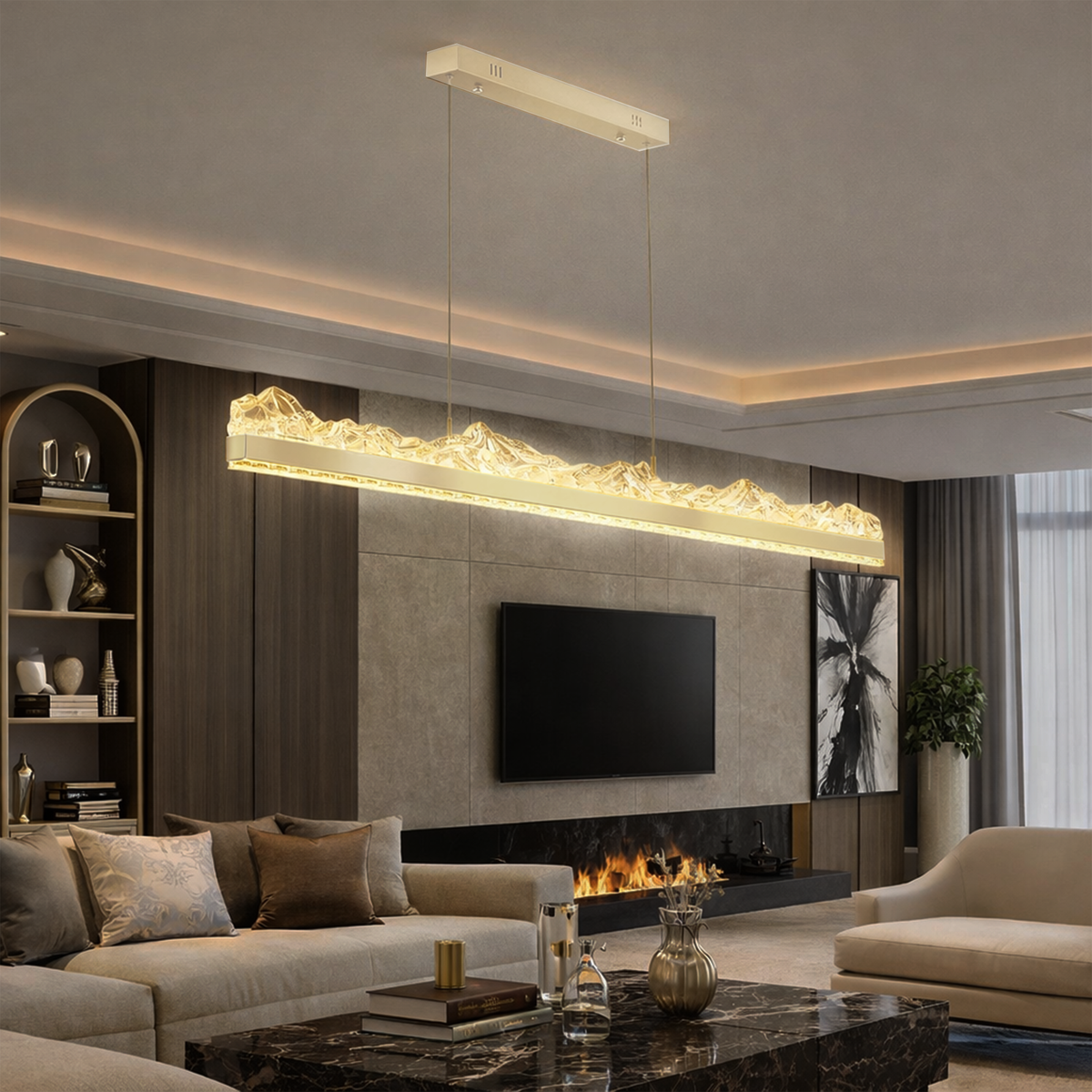 Lustra LED suspendata cu Telecomanda MARISTELLA 90W, lumina Rece/Calda/Neutra 3000K/4000K/6000K, Dimabila, Inaltime Reglabila, Auriu, Metal si Cristal