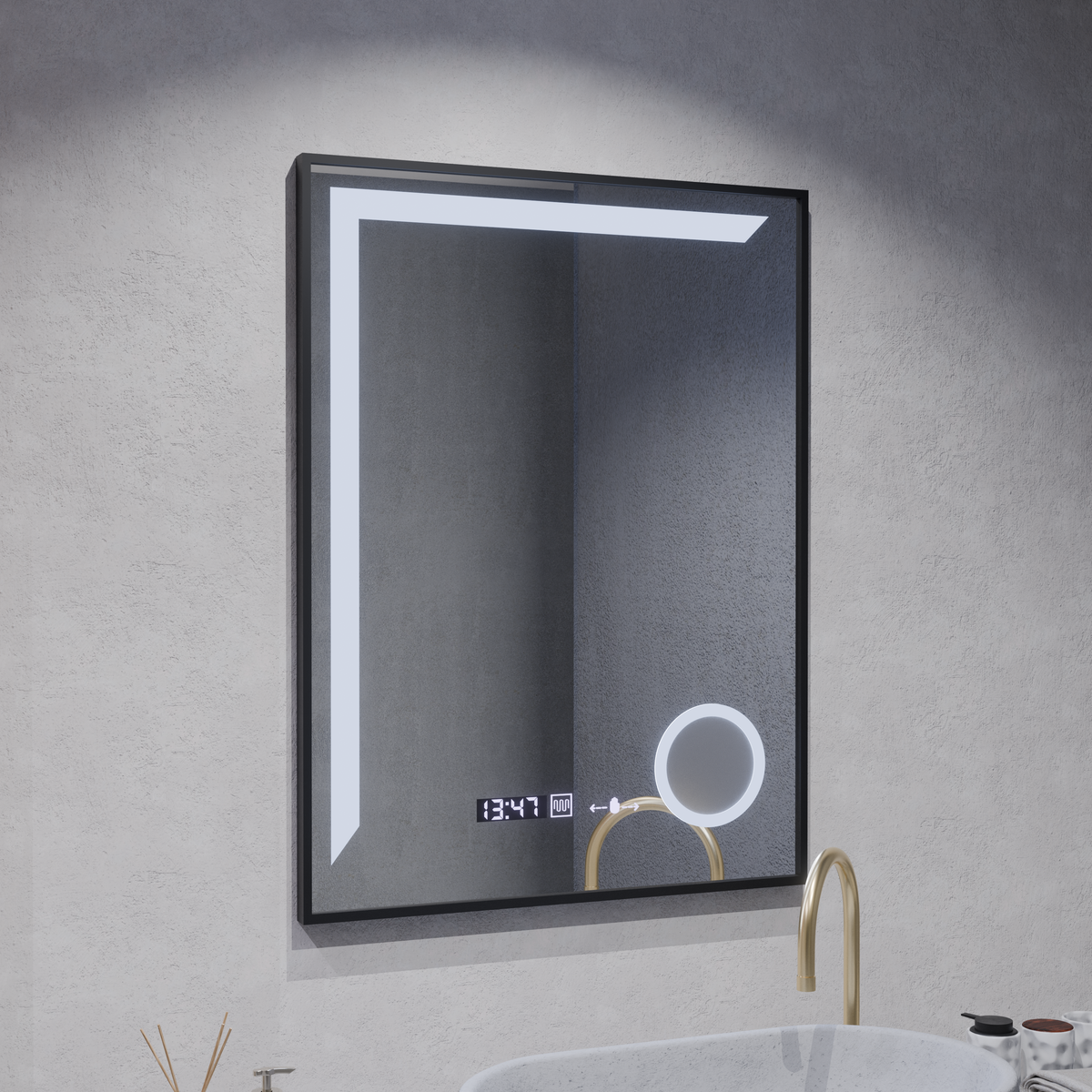 Oglinda LED Senzor MotionGlow Francesca 60x80 cm Lumina Calda/Rece/Neutra Dimabila Rama Negru Brushed Sistem Dezaburire Termometru Ceas, imaginea 3