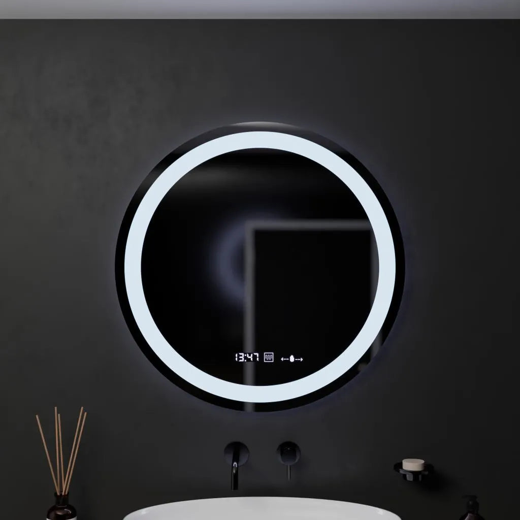 Oglinda LED Rotunda, 60cm, Celeste MotionGlow Marcello, Sistem Dezaburire, Ceas & Termometru, Dimabila, Lumina Calda Neutra Rece 3000K/4000K/6000K
