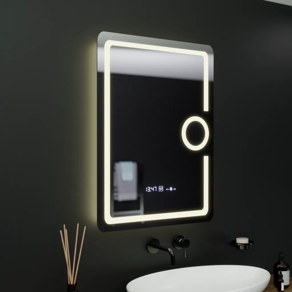 Rectangular LED Mirror, 60x80cm, Eclat MotionGlow Marcello, Clock & Thermometer, Defogger System, Cosmetic Magnifier, Dimmable, imaginea 7