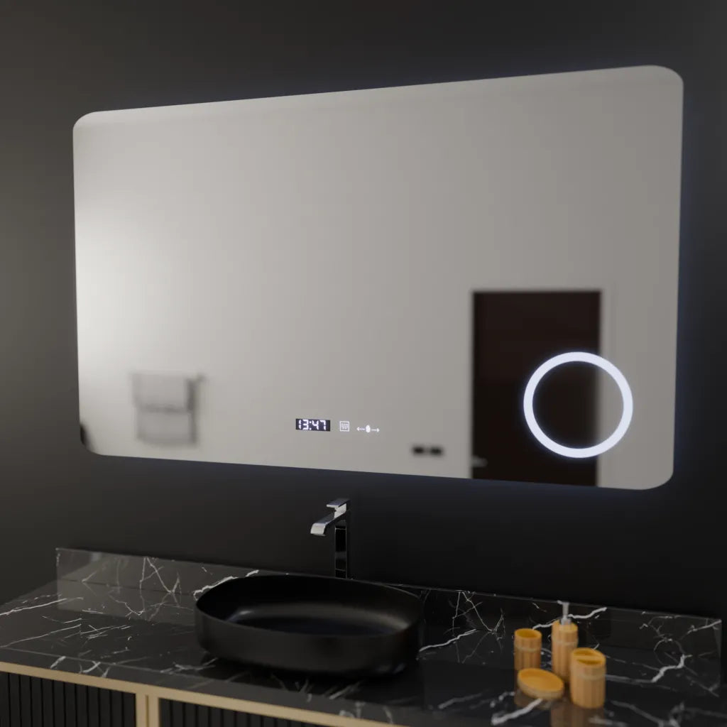 Oglinda LED Rectangulara, 100x60cm, Celeste MotionGlow Marcello, Sistem Dezaburire, Ceas & Termometru, Lupa Cosmetica, Dimabila