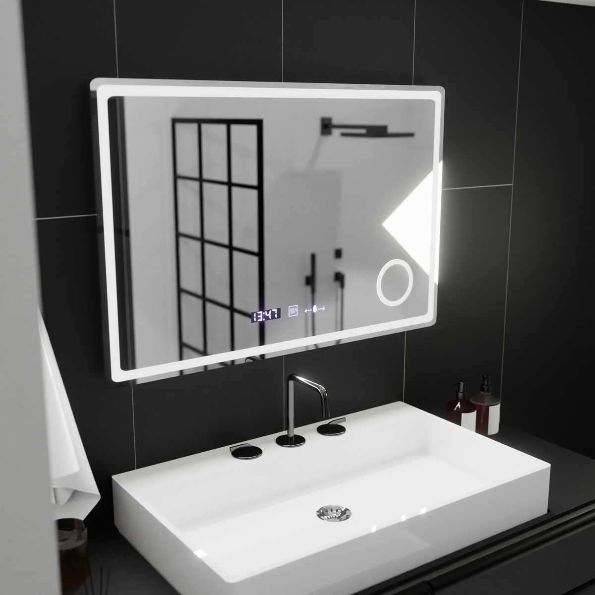 Oglinda LED Rectangulara, 90x60cm, Velour MotionGlow Marcello, Sistem Dezaburire, Ceas & Termometru, Lupa Cosmetica, Dimabila