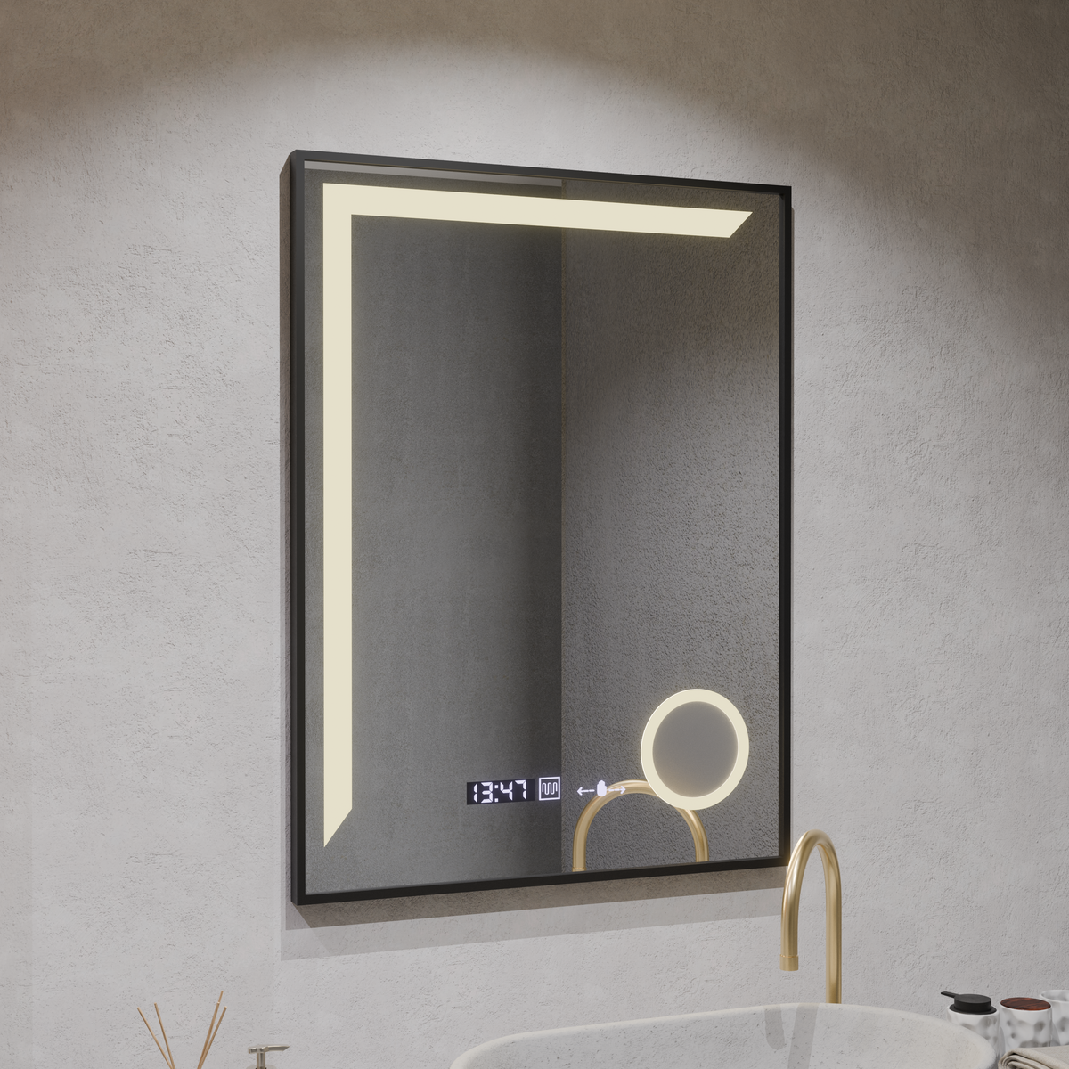 Oglinda LED Senzor MotionGlow Francesca 60x80 cm Lumina Calda/Rece/Neutra Dimabila Rama Negru Brushed Sistem Dezaburire Termometru Ceas, imaginea 4