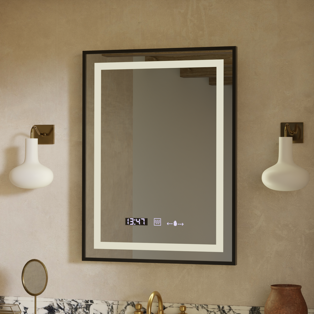Oglinda LED Rectangulara, 50x70cm, Verite Majeste Noir Motion Glow Marcello, Sistem Dezaburire, Ceas & Termometru, Dimabila