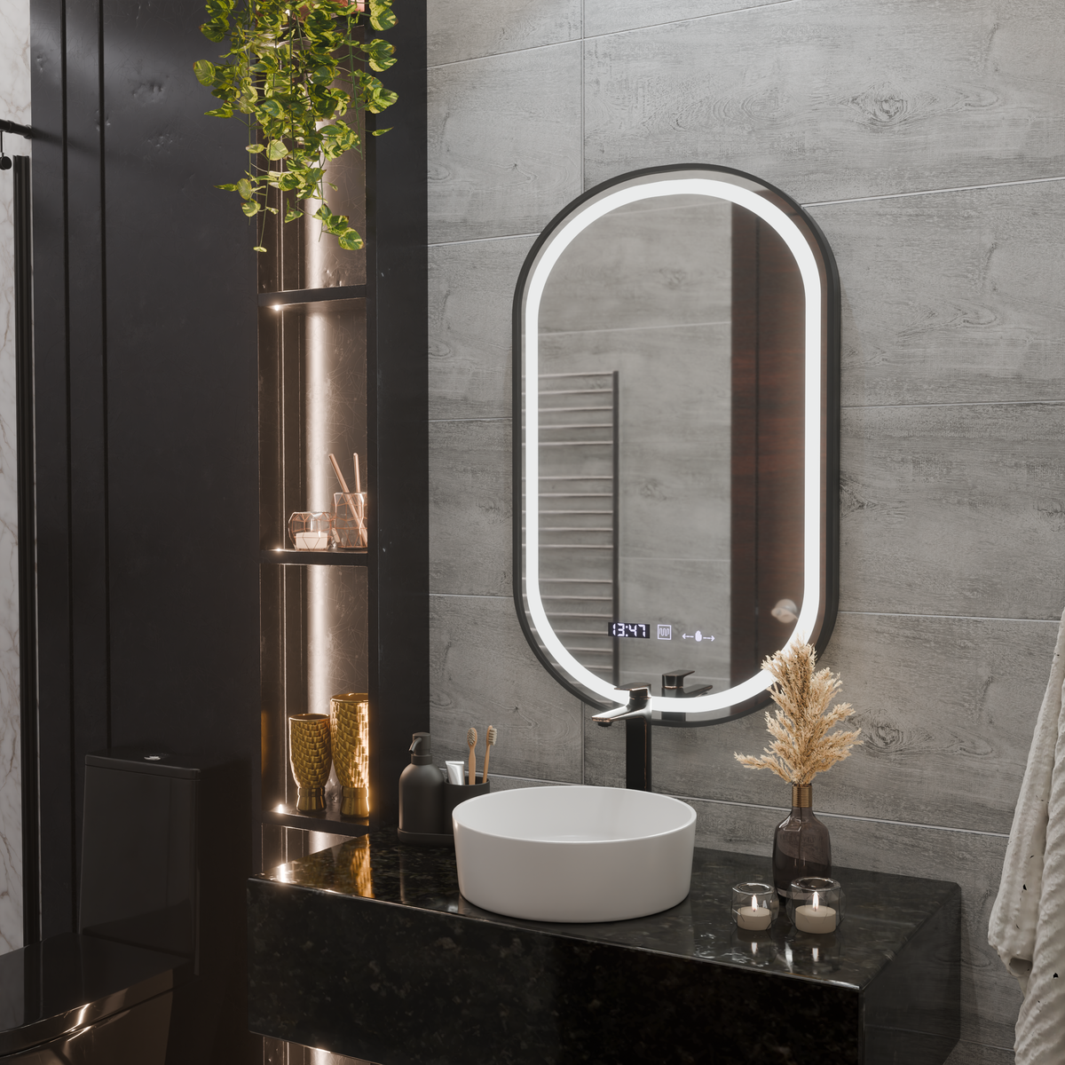Helmut Touch LED Mirror, Defog System, Clock and Temperature 45x90 cm, Black Frame, Brushed, AT1CT-IM1P-OG1D-S15/45X90,