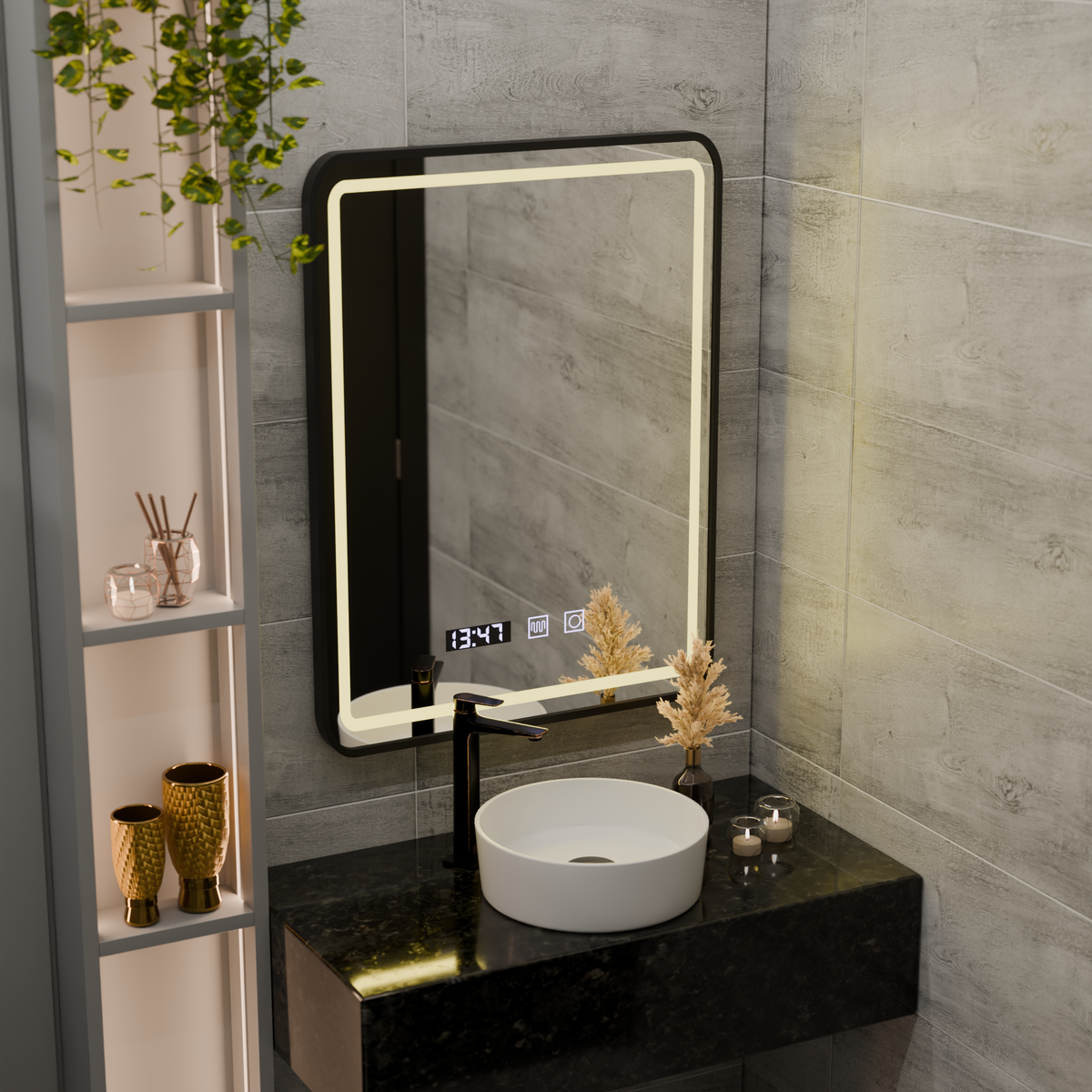 Oglinda LED Touch LUCIDA Sistem Dezaburire, Ceas si Temperatura 50x70 cm Rama Negru Brushed, imaginea 5