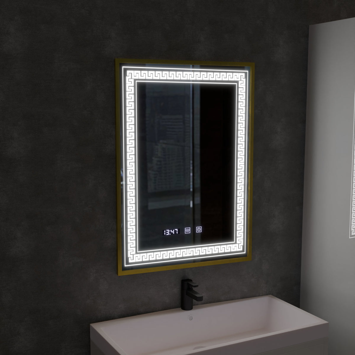 Oglinda LED Touch Bruno Sistem Dezaburire, Ceas si Temperatura 60x80 cm Rama Auriu Brushed, S84/60X80