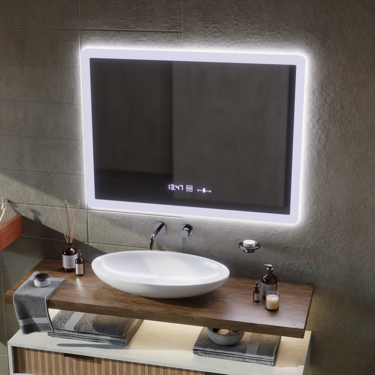 Oglinda LED Rectangulara, 80x60cm, ELANCEE Senzor MotionGlow Marcello, Sistem Dezaburire, Ceas & Termometru, Dimabila