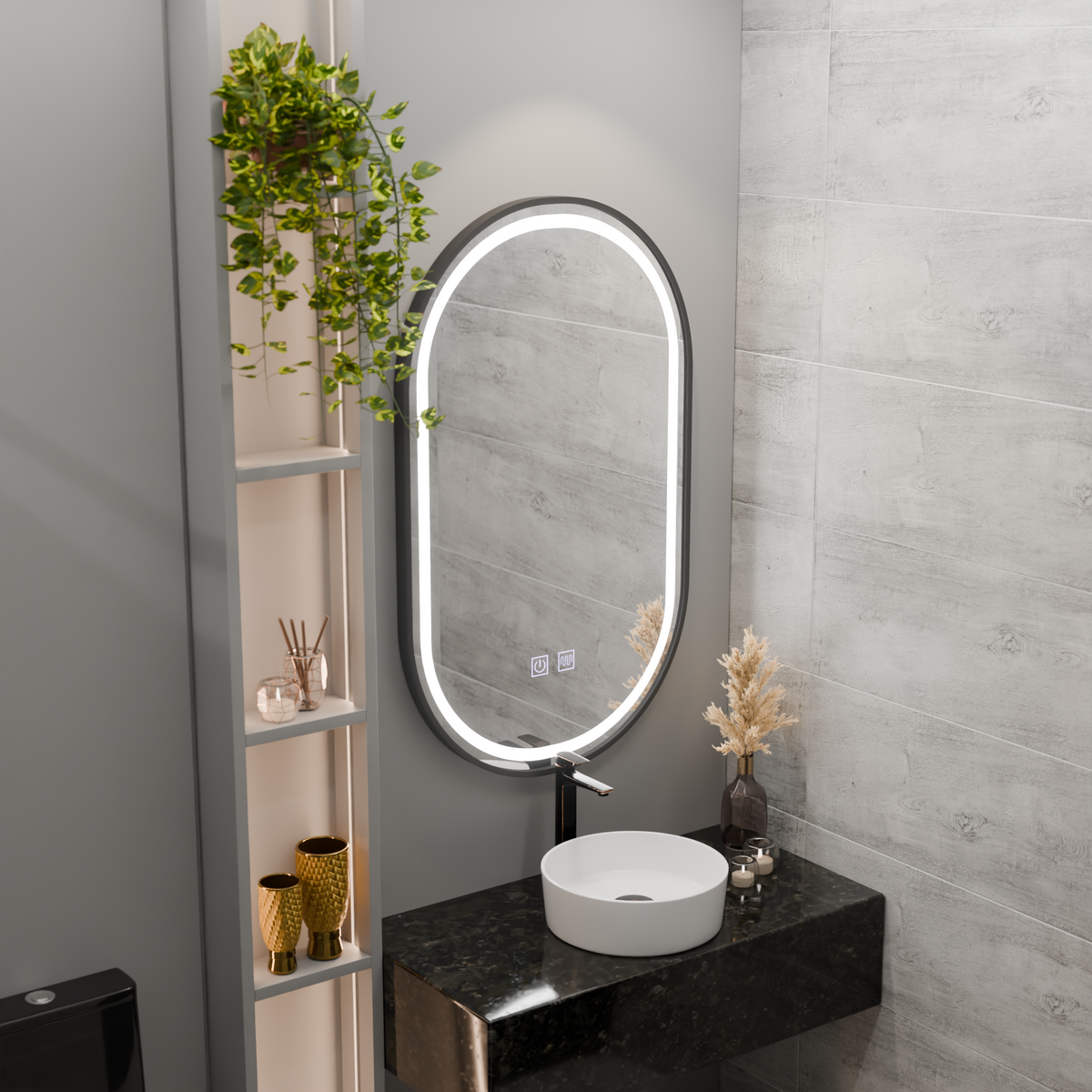Oglinda LED Ovala 60x100cm VETRO, 22W, Touch Sistem Dezaburire Dimabila, Rama Neagra