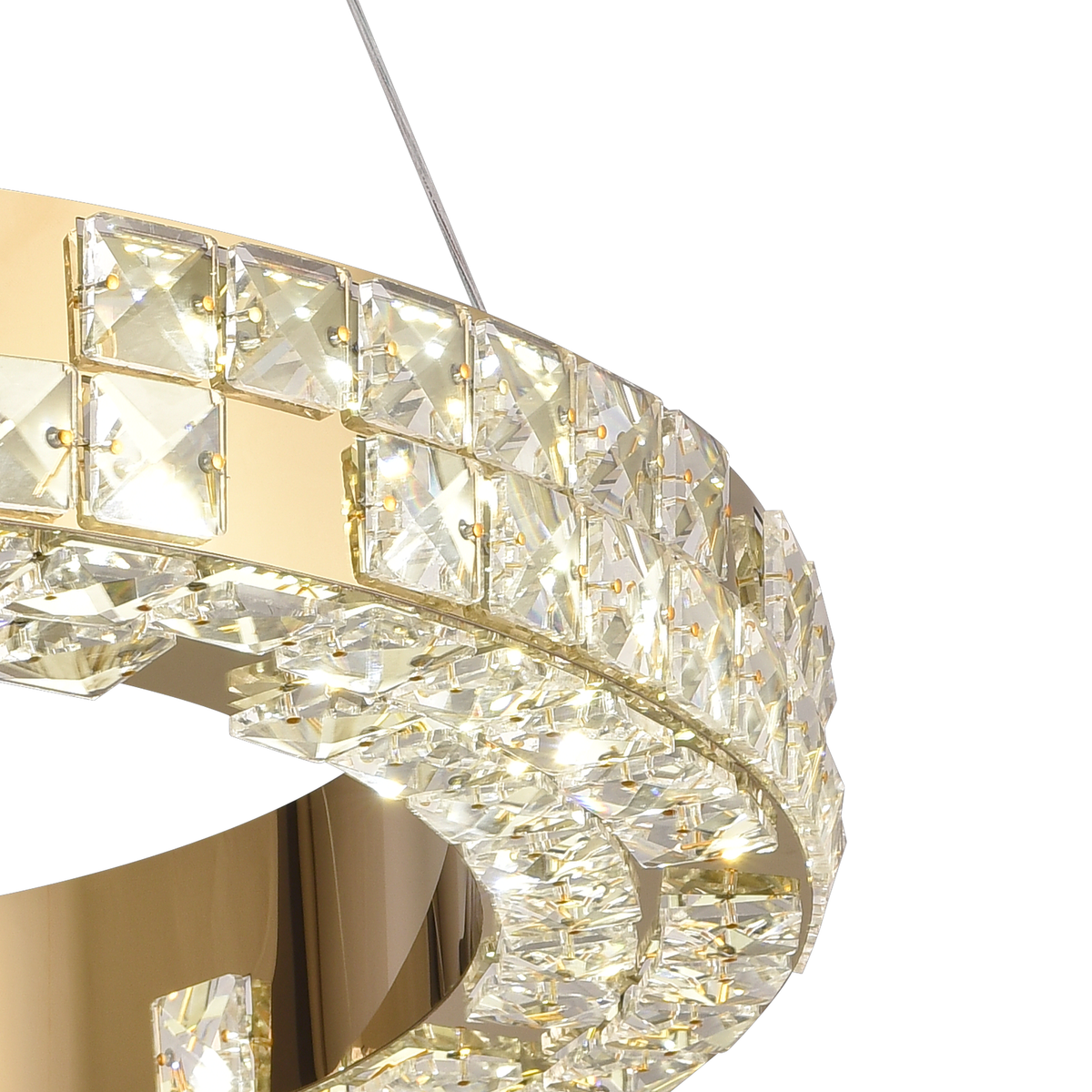Lustra LED cu Telecomanda, LLC135/2GD, Cristal si Metal, 54W, 2 Cerc, Dimabila, Inaltime Reglabila, Lumina Rece/Calda/Neutra 3000K/4000K/6000K, Iluminat Luxos