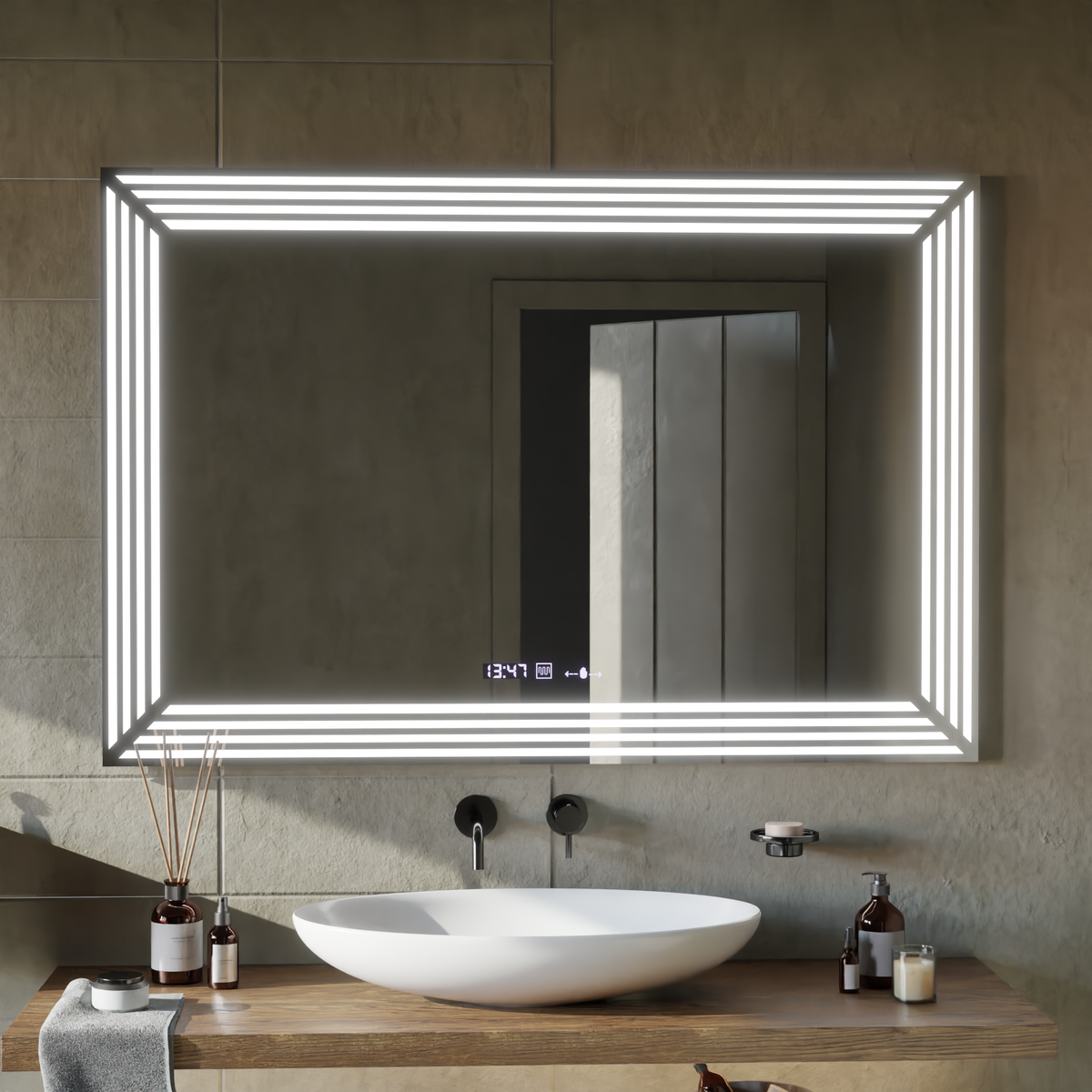 Oglinda LED Rectangulara, 120x80cm, Venezia Senzor MotionGlow Marcello, Sistem Dezaburire, Ceas & Termometru, Dimabila