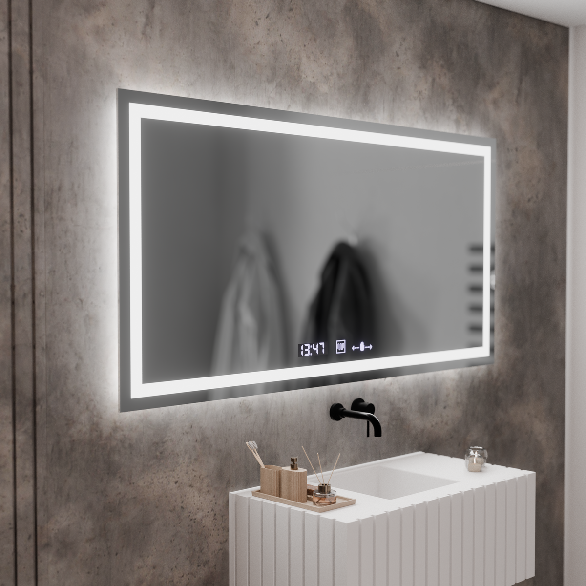 Oglinda LED Rectangulara, 120x60cm, Verite MotionGlow Marcello, Sistem Dezaburire, Ceas & Termometru, Dimabila
