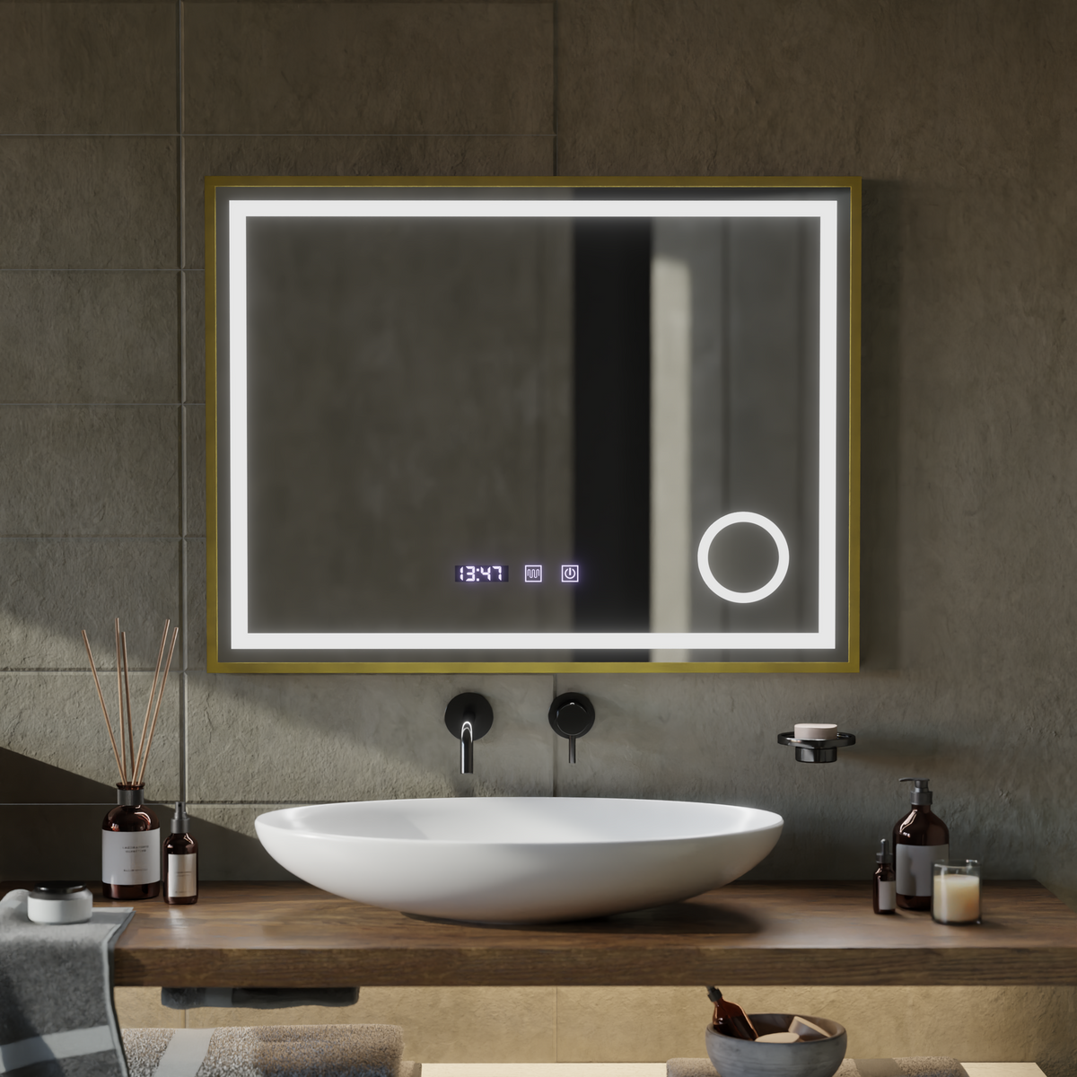 Oglinda LED Touch CLARUS Sistem Dezaburire, Ceas si Temperatura 80x60 cm Rama Auriu Brushed Lupa Cosmetica