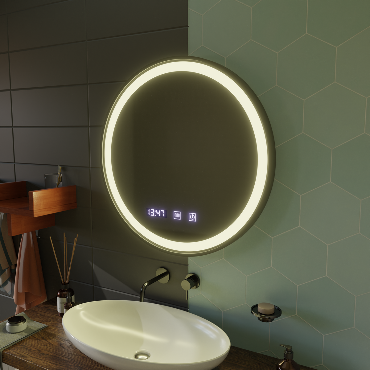 Oglinda LED Touch NOVARA Sistem Dezaburire, Ceas si Temperatura 70 cm Rama Negru Brushed