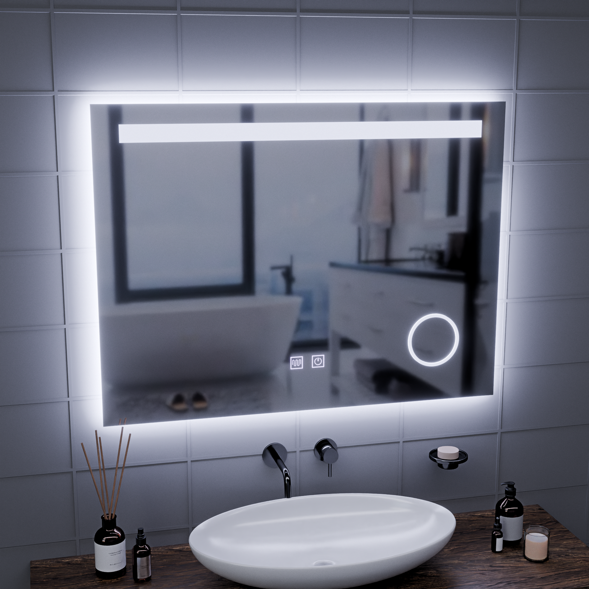 Oglinda LED Rectangulara, 80x60cm, Piano Touch, Sistem Dezaburire, Dimabila, Lumina Rece 6000K