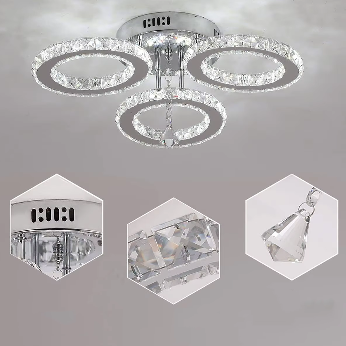 Lustra LED cu telecomanda si cristal ALANUBIS 40W, 3 Cercuri, lumina Rece/Calda/Neutra, Dimabila, Crom Lucios
