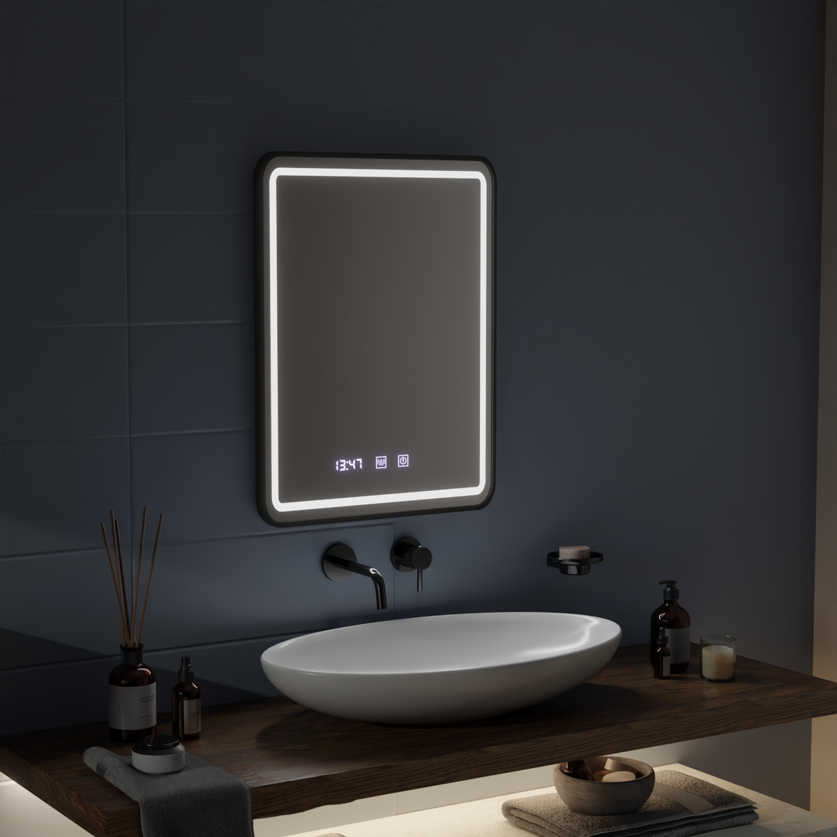 Oglinda LED Touch LUCIDA Sistem Dezaburire, Ceas si Temperatura 60x80 cm Rama Negru Brushed