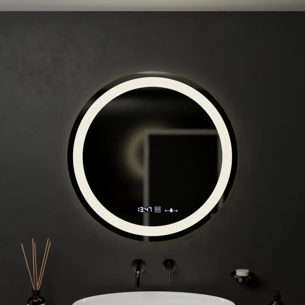 Oglinda LED Rotunda, 60cm, Celeste MotionGlow Marcello, Sistem Dezaburire, Ceas & Termometru, Dimabila, Lumina Calda Neutra Rece 3000K/4000K/6000K