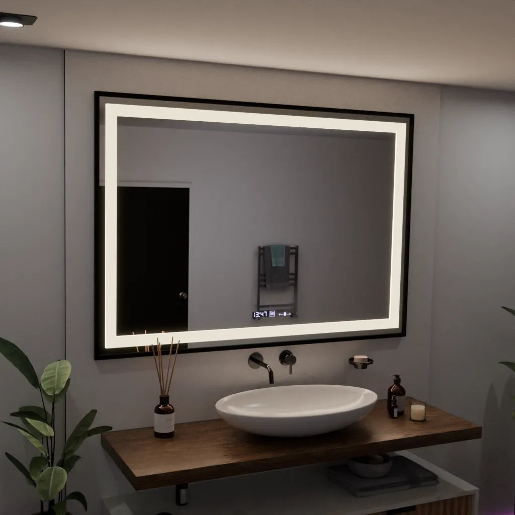 Oglinda LED Rectangulara, 100x65cm, Verite Majeste Noir Motion Glow Marcello, Sistem Dezaburire, Ceas & Termometru, Dimabila