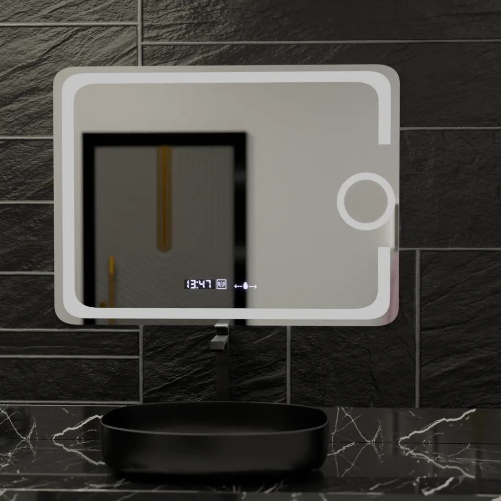Oglinda LED Rectangulara, 80x60cm, Eclat MotionGlow Marcello, Sistem Dezaburire, Ceas & Termometru, Lupa Cosmetica, Dimabila
