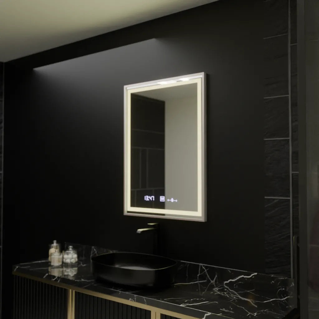 Oglinda LED Rectangulara, 60x80cm, Verite Imperial Silver Motion Glow Marcello, Sistem Dezaburire, Ceas & Termometru, Dimabila