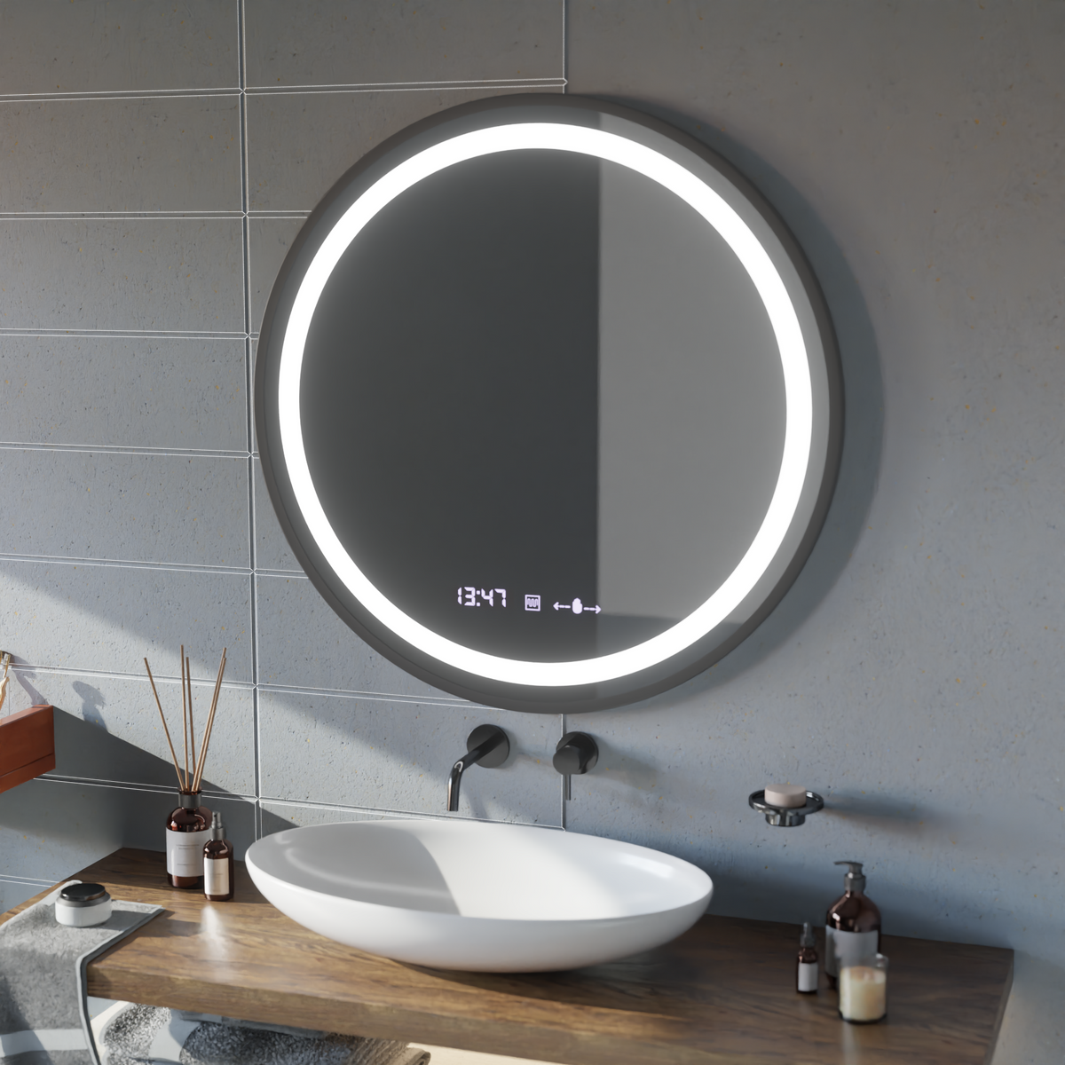 Oglinda LED Rotunda, 100cm, Celeste Majesté Noir MotionGlow Marcello, Sistem Dezaburire, Ceas & Termometru, Dimabila