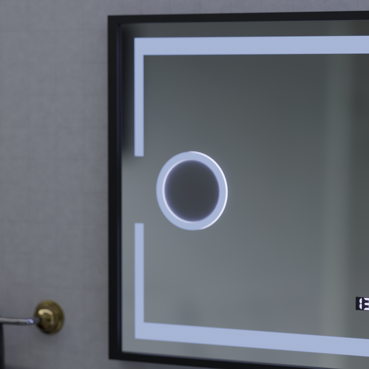 Oglinda LED Senzor MotionGlow Domingo cu functie Dezaburire Termometru Ceas 120x65 cm Lumina Rece/Calda/Neutra Dimabila, Rama Negru Brushed, colectia Marcello Funghi