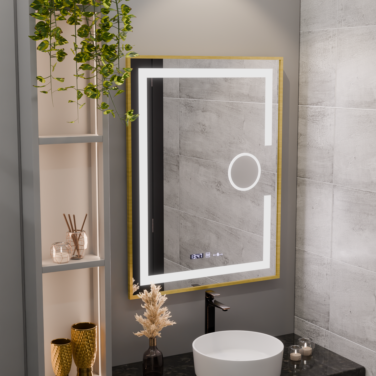 Oglinda LED Rectangulara, 60x80cm, Eclat MotionGlow Marcello, Sistem Dezaburire, Ceas & Termometru, Lupa Cosmetica, Dimabila, Rama Auriu Brushed
