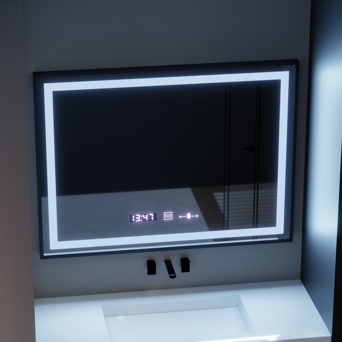 Oglinda LED Rectangulara, 80x60cm, Verite Majeste Noir Motion Glow Marcello, Sistem Dezaburire, Ceas & Termometru, Dimabila