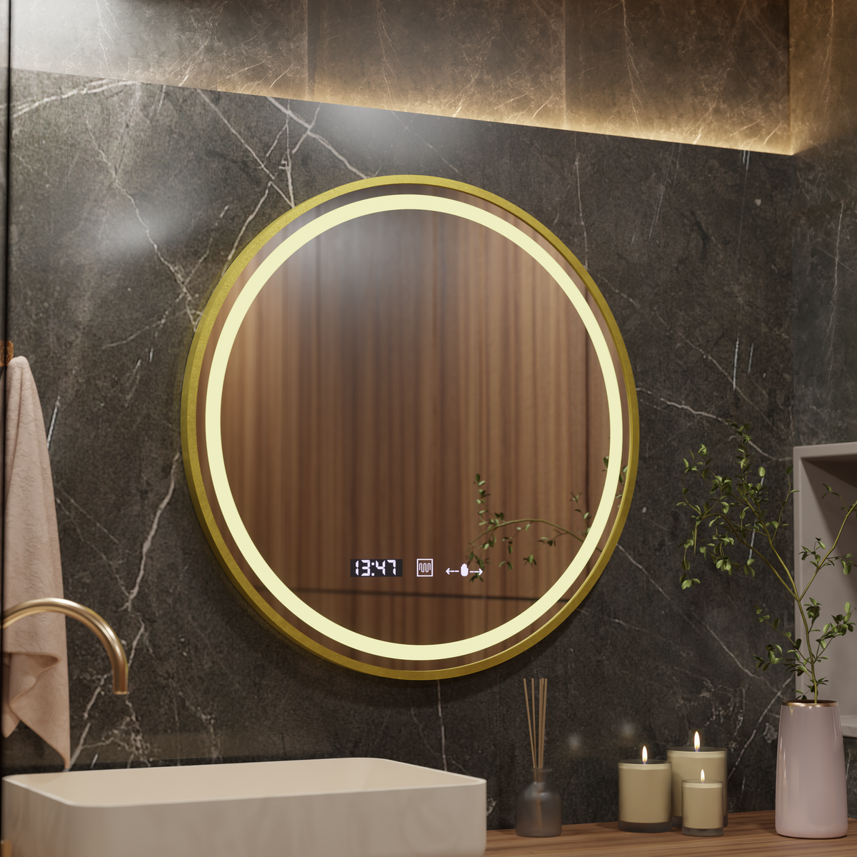 Oglinda LED Rotunda, 60cm, Celeste Royale Gold MotionGlow Marcello, Sistem Dezaburire, Ceas & Termometru, Dimabila