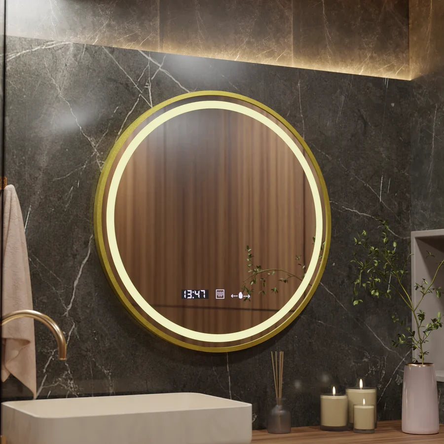 Round LED Mirror, 60cm, Celeste Royale Gold Eleve MotionGlow Marcello, Defogger System, Clock & Thermometer, Dimmable, Detachable Strap, imaginea 7