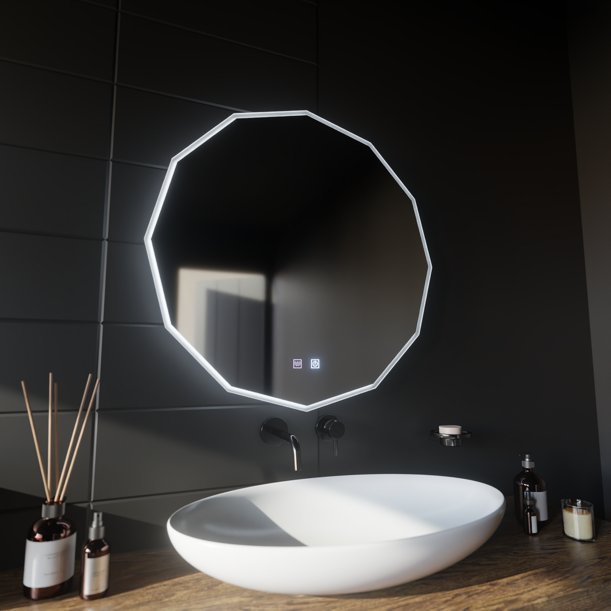 Oglinda LED Rotunda, 50cm, VIVO Touch, Sistem Dezaburire, Dimabila