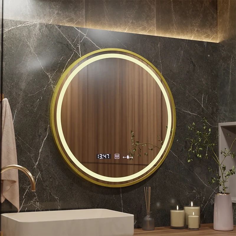 MotionGlow LED Mirror with Defogger System, Thermometer and Clock, Gold-Painted Round Frame, 100 cm Diameter, Cool/Warm/Neutral Dimmable Light, Marcello Funghi Collection