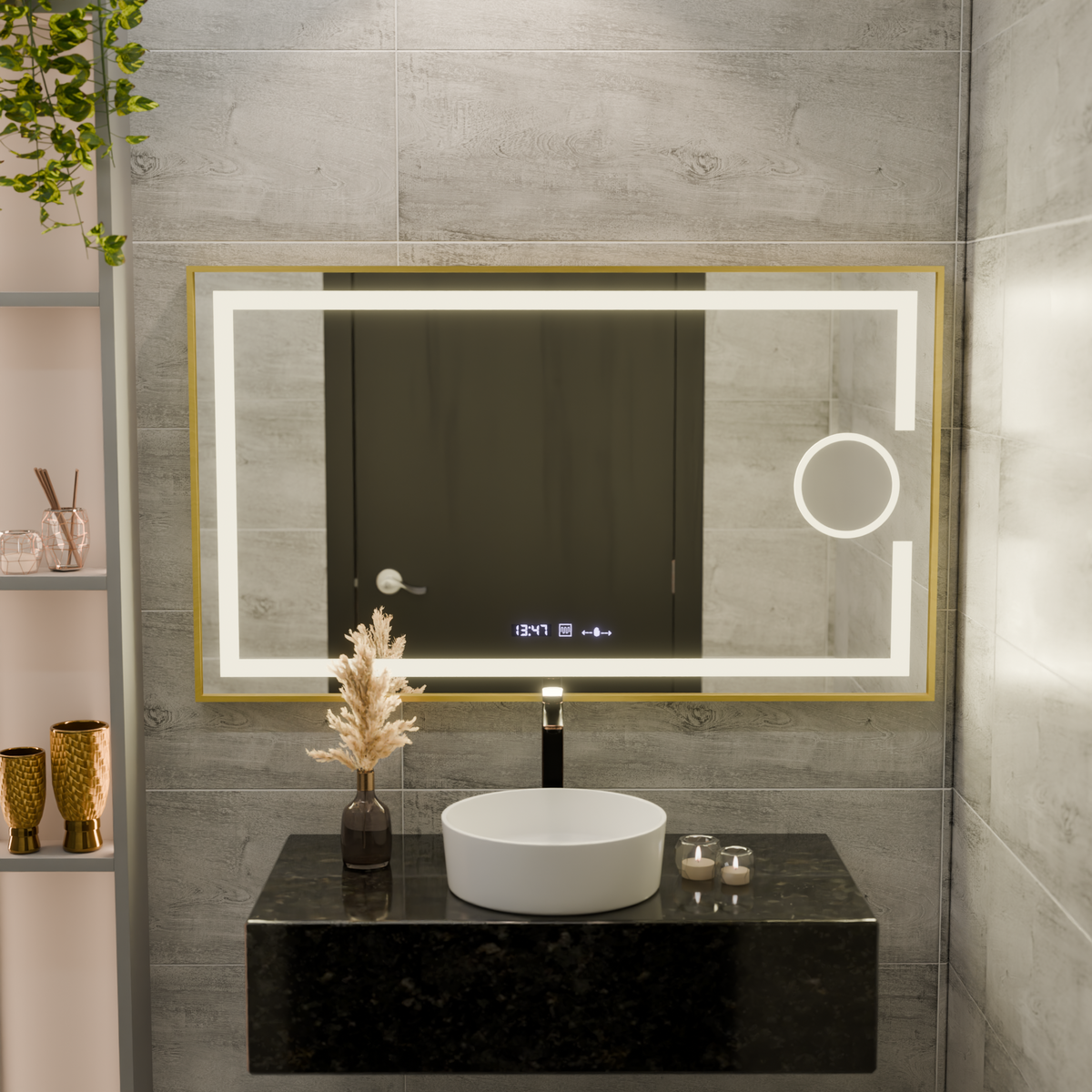 Oglinda LED Rectangulara, 120x80cm, Eclat MotionGlow Marcello, Sistem Dezaburire, Ceas & Termometru, Lupa Cosmetica, Dimabila, Rama Auriu Brushed
